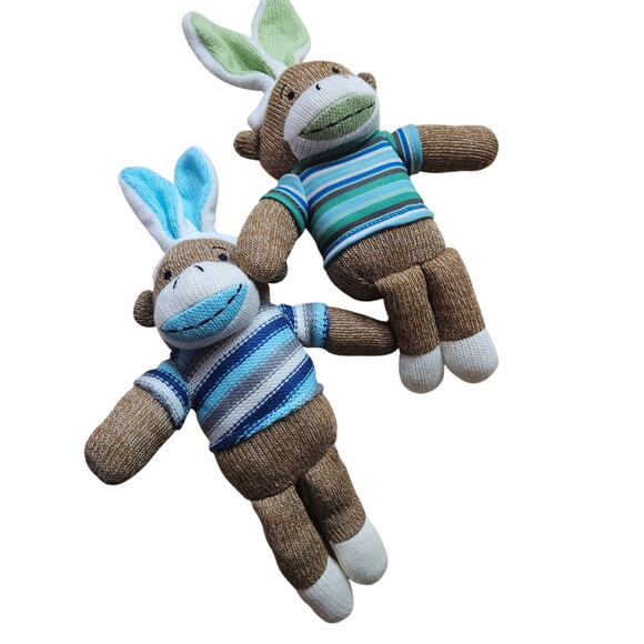 2 Dan Dee Sock Monkeys Bunny Rabbit Ears Plush Blue Stripes Sweater 12" - Picture 1 of 5